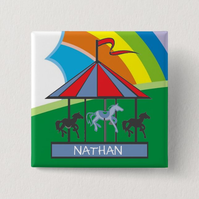 Rainbow Carousel Personalised Kids 15 Cm Square Badge (Front)