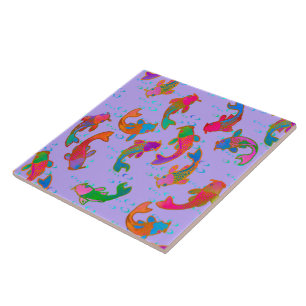 Rainbow Carp Dancing in the Rain Lilac Ceramic Tile