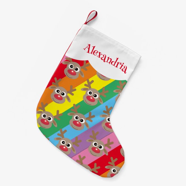 Rainbow Cartoon Reindeer Pattern Fun Colourful Small Christmas Stocking (Front (Hanging))