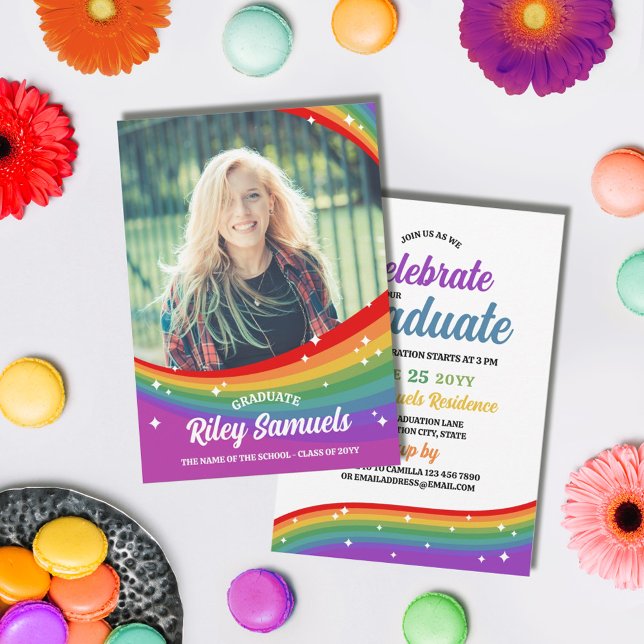 Rainbow Cartoon Sparkles Photo Graduation Invitation (Creator Uploaded)