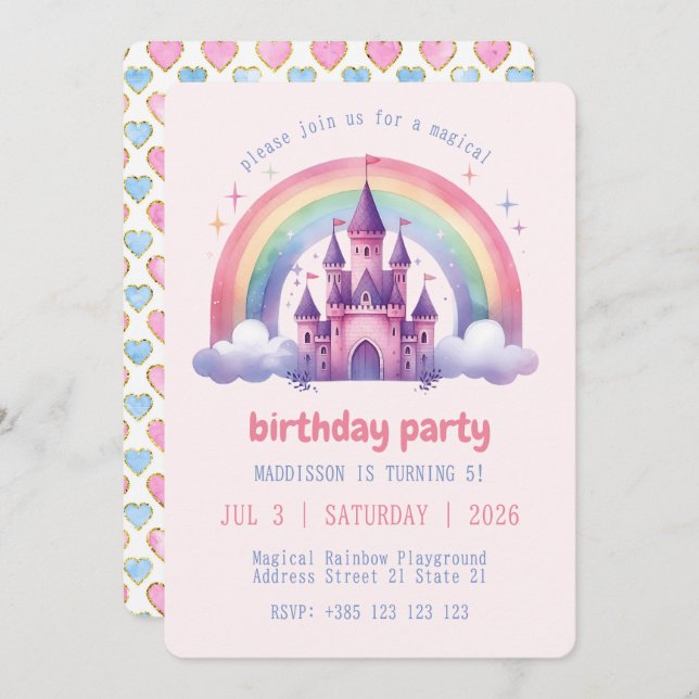 Rainbow Castle Girls Birthday Party Invitation  (Front/Back)