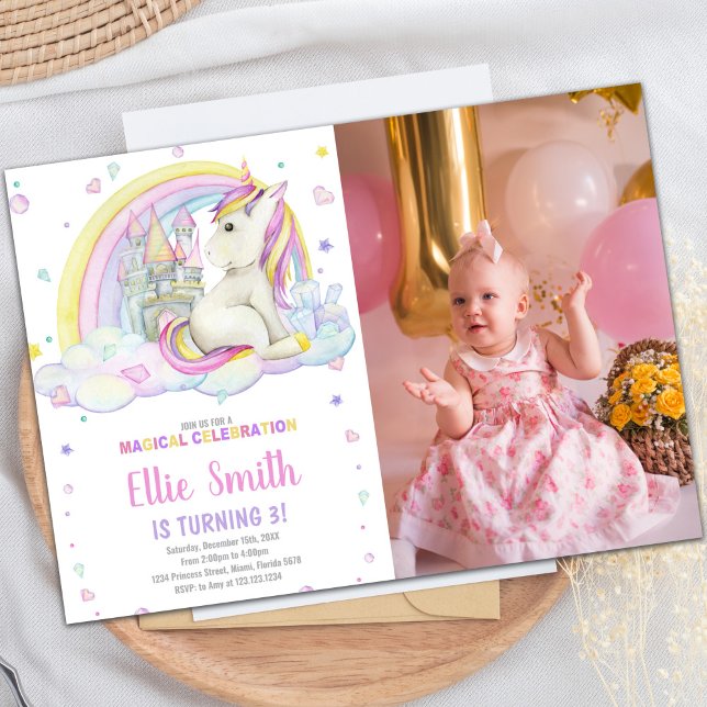 Rainbow Castle Unicorn Birthday Invitation (Rainbow Castile Unicorn Invitations with photo)