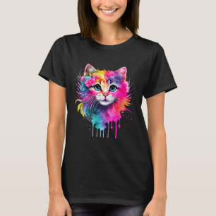 Rainbow Cat A Watercolor Paint Colorful Flowers Cu T-Shirt