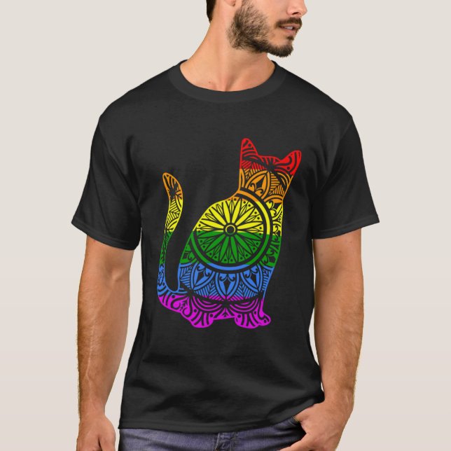 Rainbow Cat Kitty Mandala Lotus Flower Yoga Medita T-Shirt (Front)