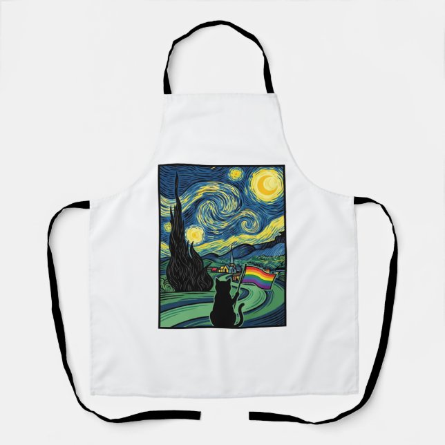 Rainbow Cat Night Landscape Vector Shirt Design_1 Apron (Front)