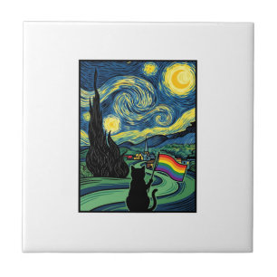 Rainbow Cat Night Landscape Vector Shirt Design_1 Ceramic Tile