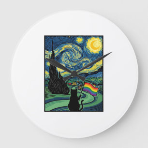 Rainbow Cat Night Landscape Vector Shirt Design_1 Large Clock