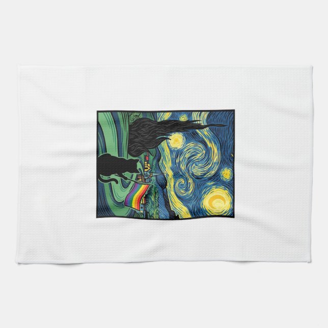 Rainbow Cat Night Landscape Vector Shirt Design_1 Tea Towel (Horizontal)