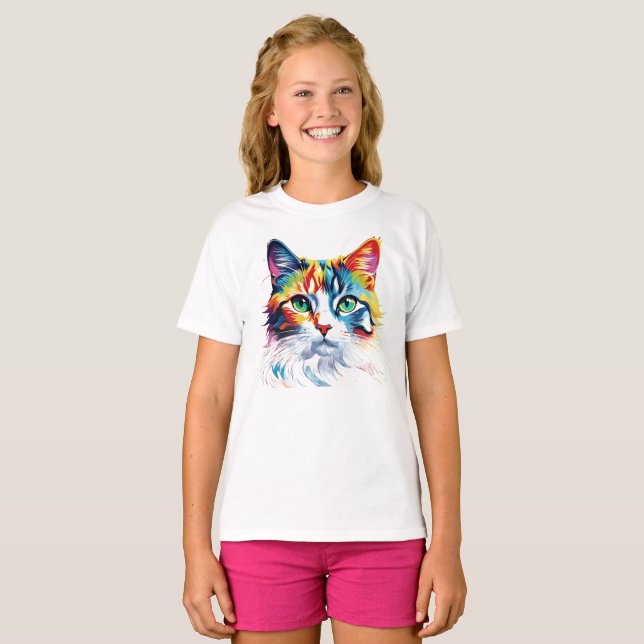 Rainbow Cat Print Kids T-Shirt Short Sleeve Tee (Front Full)