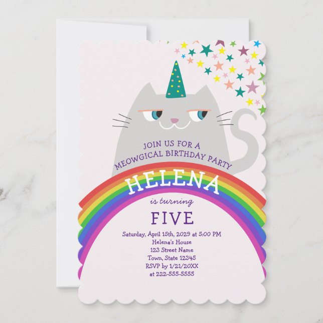 Rainbow Cat Unicorn 5th Birthday Invitation (Front)