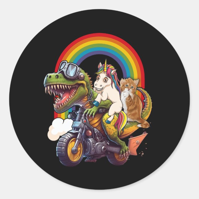 Rainbow Cat Unicorn Dinosaur T Rex Kitten Lover Sp Classic Round Sticker (Front)