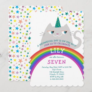 Rainbow Cat Unicorn Girl 7th Birthday Invitation