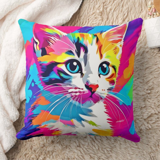 Rainbow Cat: Vivid Portrait Cushion (Blanket)
