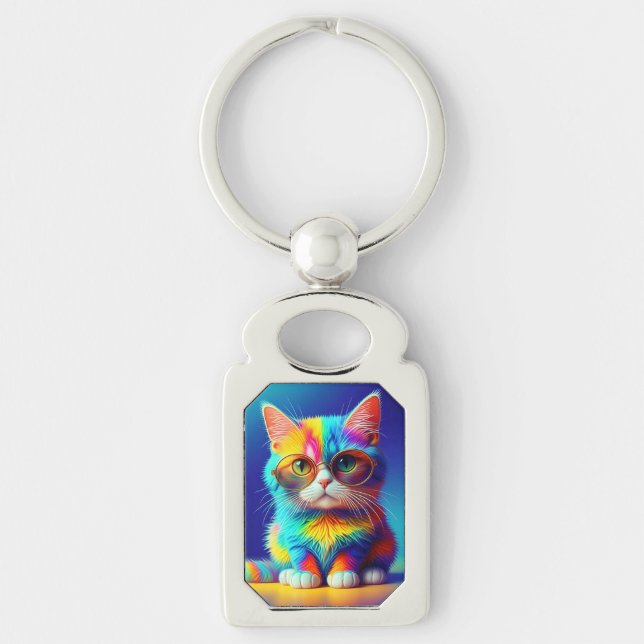 Rainbow Cat with Glasses Key Ring (Front)