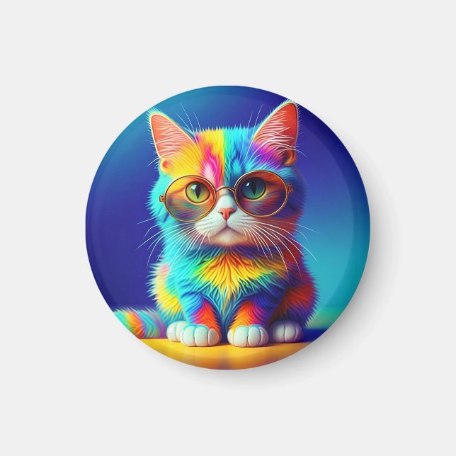 Rainbow Cat with Glasses Magnet (Front)