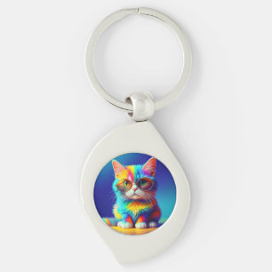 Rainbow Cat With Glasses Portrait-47567 Key Ring