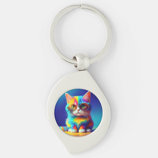 Rainbow Cat With Glasses Portrait-47567 Key Ring (Front)