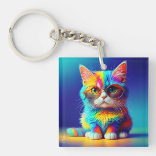 Rainbow Cat With Glasses Portrait-47567 Key Ring