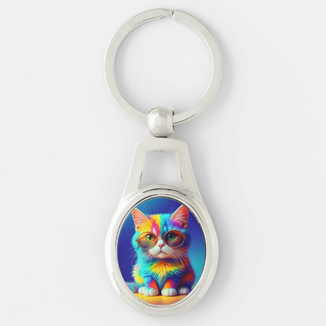 Rainbow Cat With Glasses Portrait-47567 Key Ring (Front)