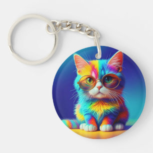 Rainbow Cat With Glasses Portrait-47567 Key Ring