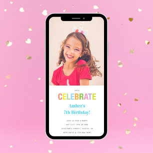 Rainbow Celebrate Photo Birthday Party Invite