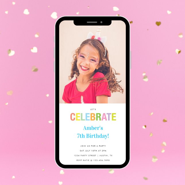 Rainbow Celebrate Photo Birthday Party Invite (Creator Uploaded)