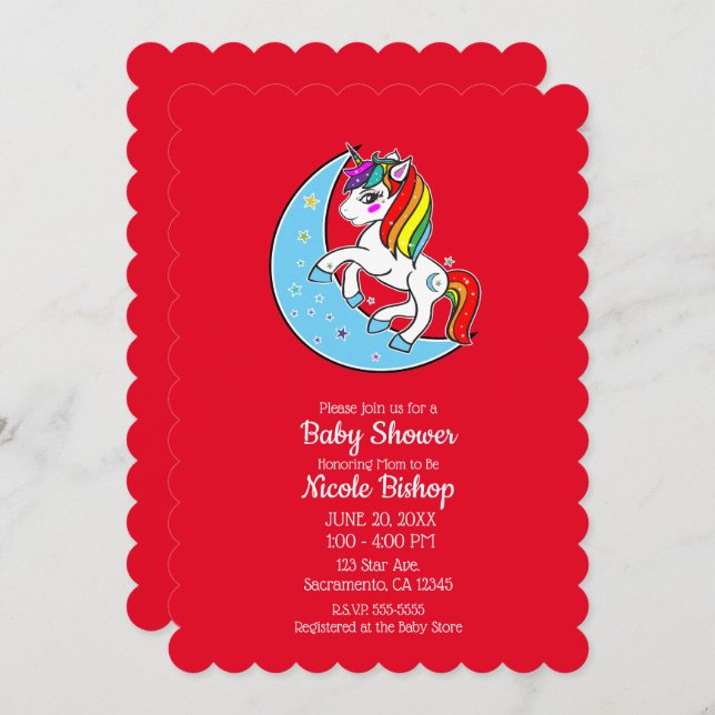 Rainbow Celestial Blue Moon & Stars Unicorn Invitation (Front/Back)
