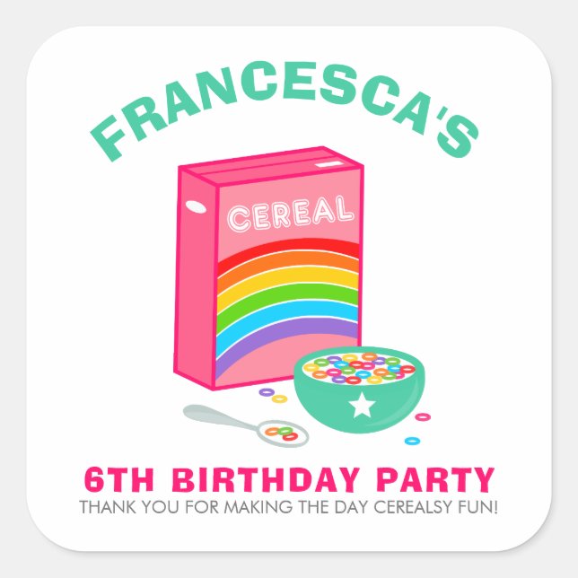 Rainbow Cereal Kids Birthday Party Square Sticker (Front)