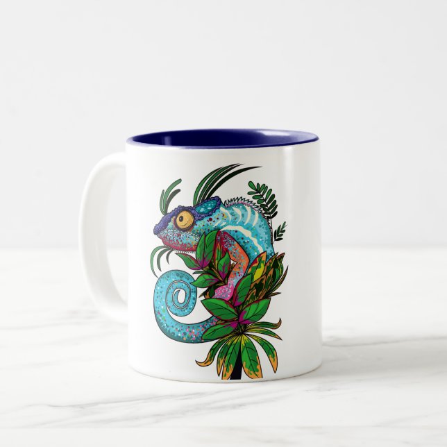 Rainbow Chameleon Two-Tone Coffee Mug (Front Left)