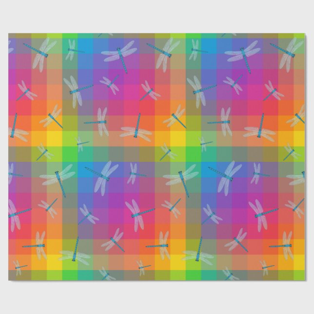 Rainbow Check with Dragonflies Wrapping Paper (Flat)