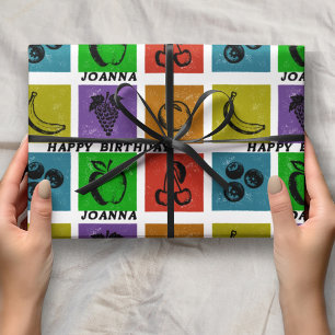 Rainbow Checker Fruit Stamps Happy Birthday Name  Wrapping Paper