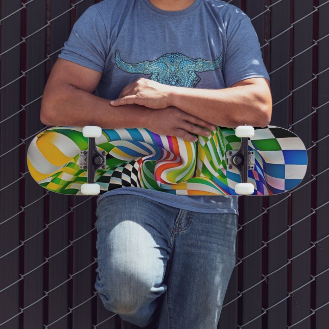 Rainbow Checkerboard & Stripes Digital Art Skateboard (Outdoor 3)