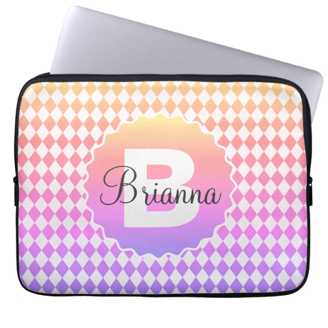 Rainbow Checkerboard with Monogram Name   Laptop Sleeve (Front)
