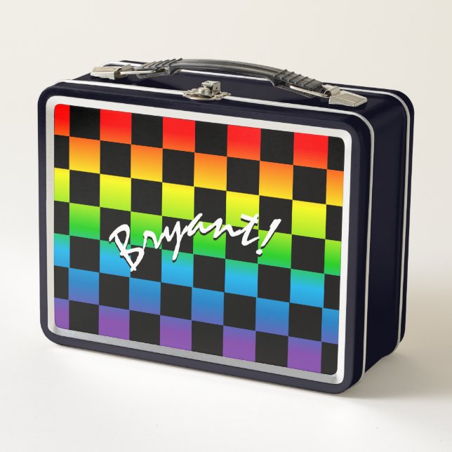 Rainbow Checkered Retro 80's Style Personalized Metal Lunch Box (Front)