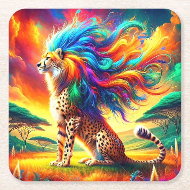 Rainbow Cheetah Square Paper Coaster (Front)