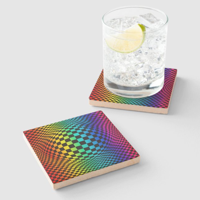 Rainbow Chequerboard Warp Stone Coaster (Side)