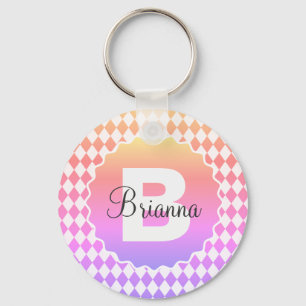 Rainbow Chequerboard with Monogram Name    Key Ring