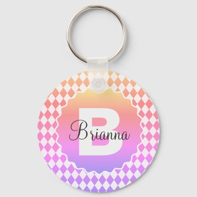Rainbow Chequerboard with Monogram Name    Key Ring (Front)