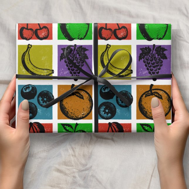 Rainbow Chequered Fruit Stamps Wrapping Paper (Creator Uploaded)