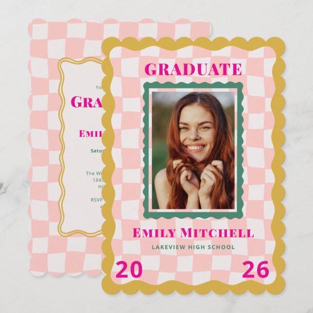 Rainbow Chequered Grad Invitation with Photo (Front/Back)