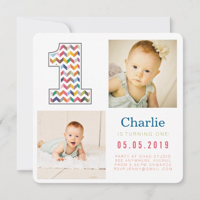 Rainbow Chevron 1st Birthday Photo Cards (Front)