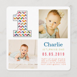 Rainbow Chevron 1st Birthday Photo Cards