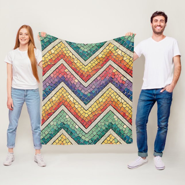 Rainbow Chevron Mosaic – Colourful Geometric Tile Fleece Blanket (In Situ)