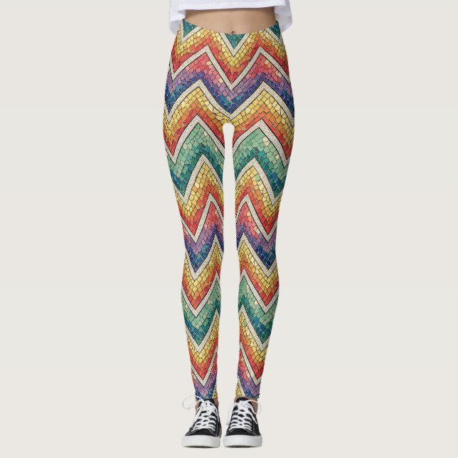 Rainbow Chevron Mosaic – Colourful Geometric Tile Leggings (Front)