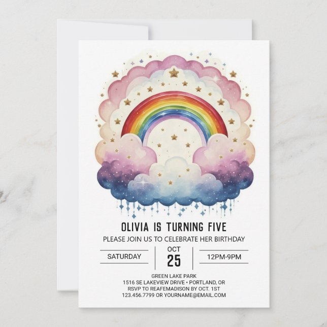 Rainbow Chic Clouds Birthday Invitation (Front)