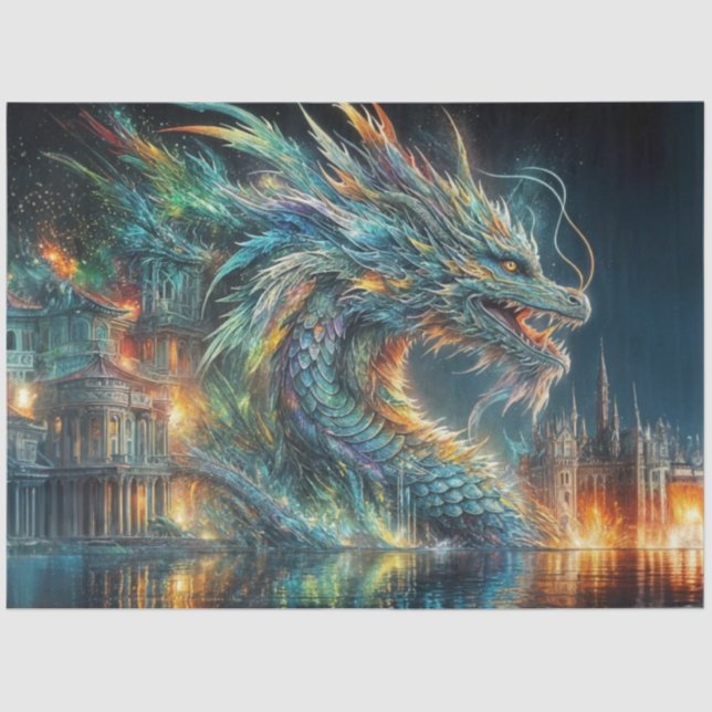 Rainbow Chinese Dragon in Water Decoupage  Tissue Paper (Front)