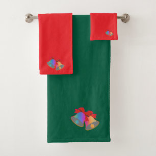 Rainbow Christmas Bells Green + Red Bath Towel Set