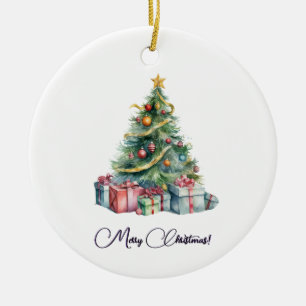 Rainbow Christmas Tree Watercolor Art Ceramic Ornament