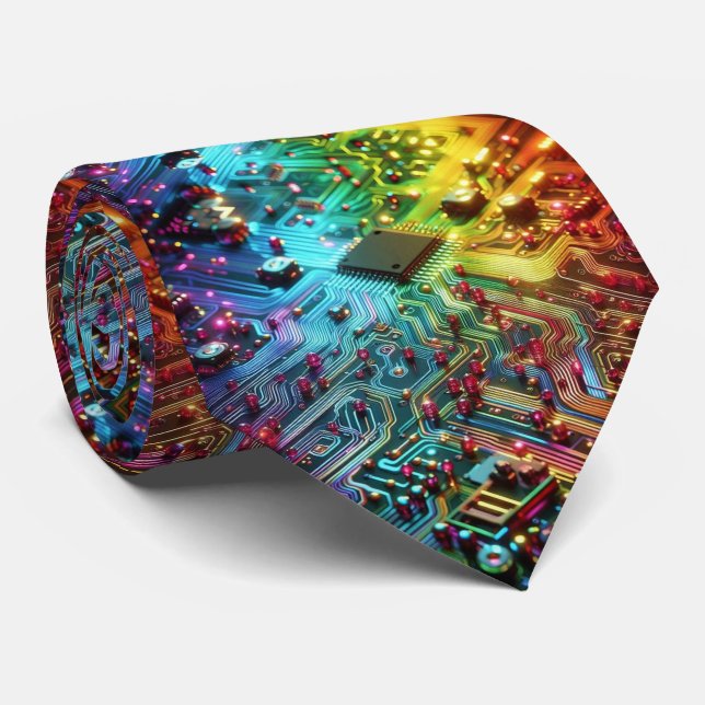 Rainbow Circuit Board Necktie – Colorful Tech Geek (Rolled)