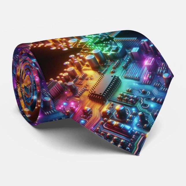 Rainbow Circuit Board Necktie – Colourful Tech Gee (Rolled)